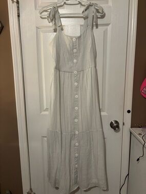 White Button-Front Tie-Shoulder Green/White Stripe Maxi Dress
